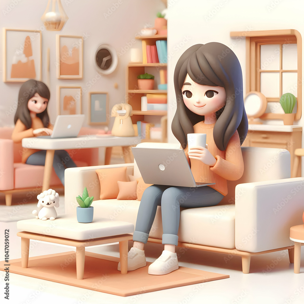 3D Icon of a Woman Enjoying Coffee Break in Cozy Living Room, Laptop on Lap, Smiling, Candid Shot of Working from Home Happiness, Isolated on White Background 3D Icon of a Woman Enjoying Coffee Break in Cozy Living Room, Laptop on Lap, Smiling, Candid Shot of Working from Home Happiness, Isolated on White Background