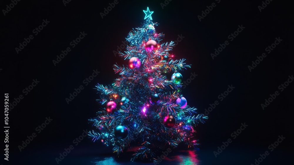 christmas tree with neon lights and ornaments against dark background christmas tree with neon lights and ornaments against dark background