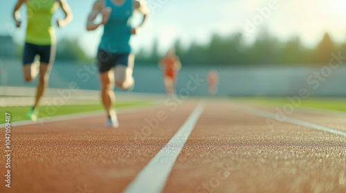 Athletes running on a sunlit track, captured in motion with a blurred background, evoking a sense of speed and competition.