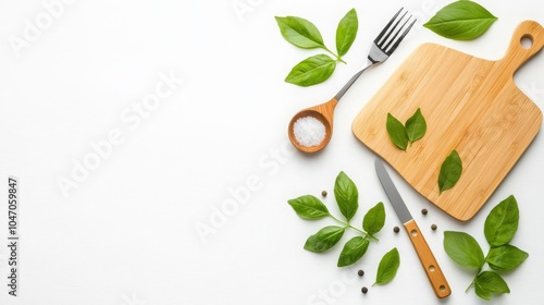 Eco-Friendly Kitchen Cutting Board with Fresh Basil on White Background