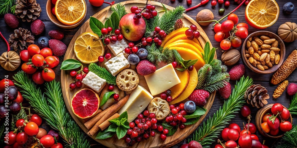 Aerial View of a Festive Christmas Fruit and Cheese Platter with Seasonal Decorations Aerial View of a Festive Christmas Fruit and Cheese Platter with Seasonal Decorations