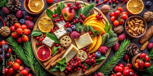 Aerial View of a Festive Christmas Fruit and Cheese Platter with Seasonal Decorations