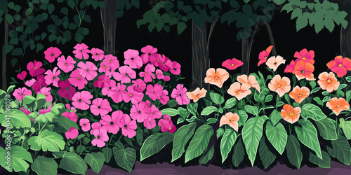 Impatiens filling a shady border beneath mature trees, illustration art photo