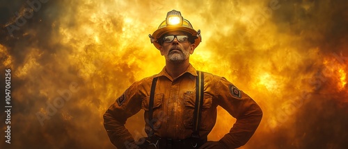 Endearing depiction of a fireman in a headlamp helmet and suspenders, showcasing confidence and readiness while standing with hands on hips