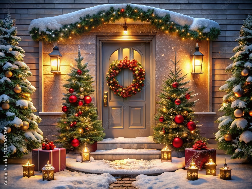 Aerial View of Festive Christmas Decor on Front Door with Wreaths, Lights, and Ornaments for Holiday Season Aerial View of Festive Christmas Decor on Front Door with Wreaths, Lights, and Ornaments for Holiday Season