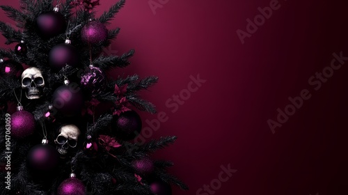 scary christmas tree with halloween decorations like scull against red background