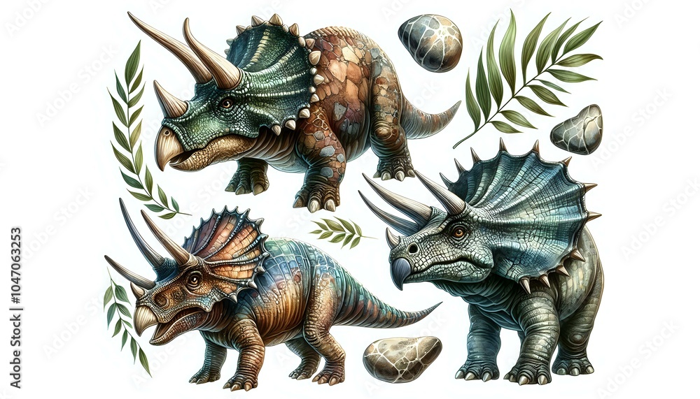 Colorful Dinosaur Illustrations with Botanical Elements Colorful Dinosaur Illustrations with Botanical Elements