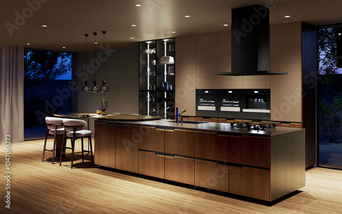 ラグジュアリーインテリア　高級感のある広い夜のダイニングキッチン