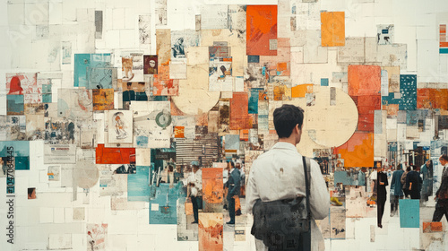 A person in a white coat stands before an abstract collage of colorful fragments and photographs, evoking a sense of urban life and creativity.