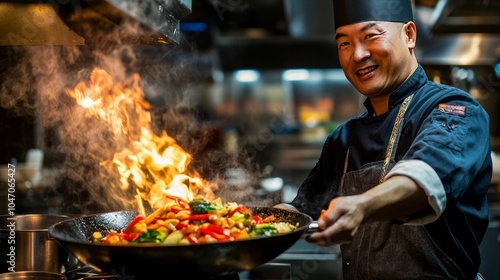 Highlighting culinary expertise, the chef expertly tosses vibrant vegetables in a sizzling wok, capturing the essence of dynamic cooking and fresh ingredients in a professional kitchen setting.