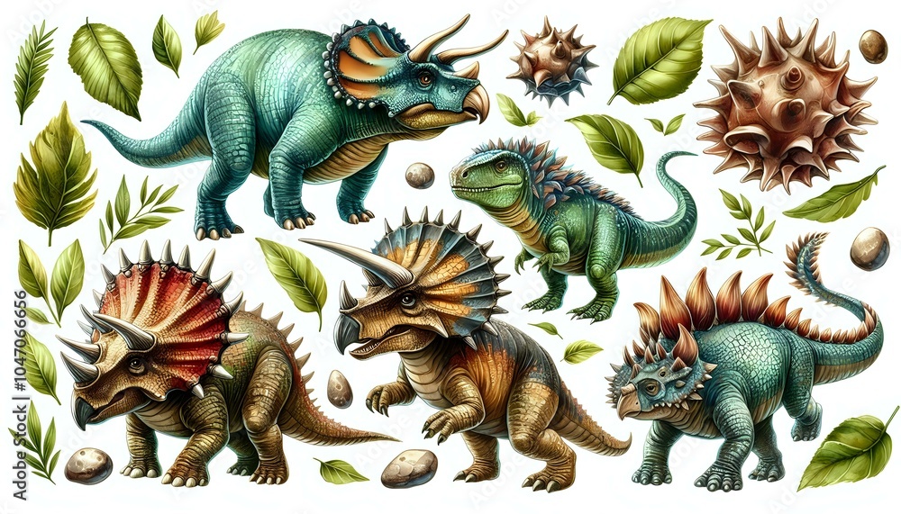 Fototapeta premium Colorful Dinosaur Illustrations with Botanical Elements