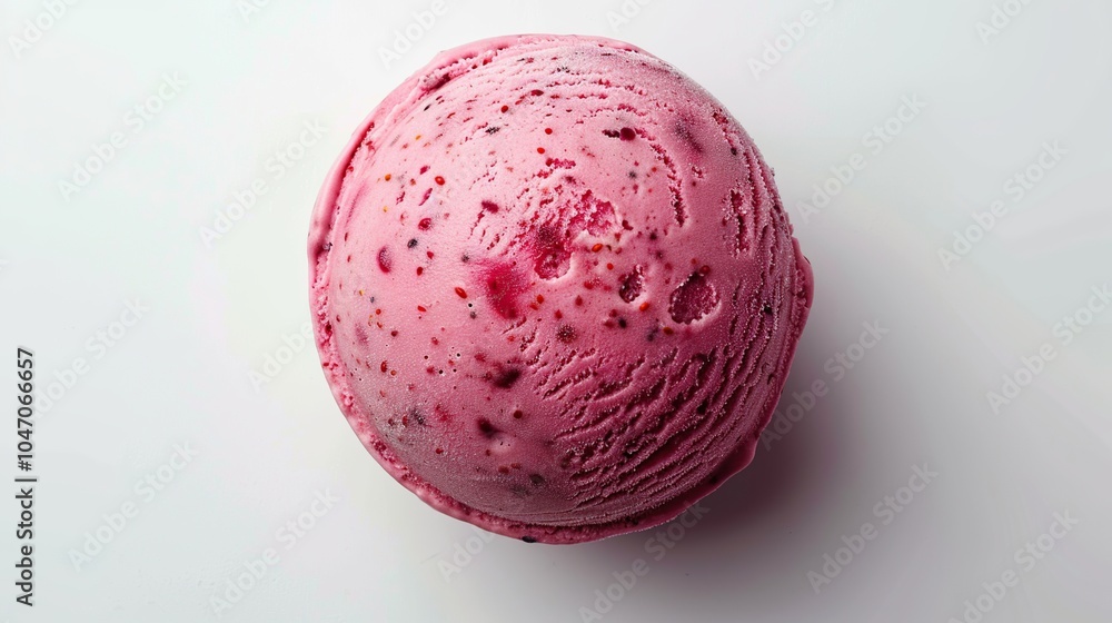 A single scoop of pink berry ice cream, with small fruit pieces visible throughout, sits on a white background. A single scoop of pink berry ice cream, with small fruit pieces visible throughout, sits on a white background.