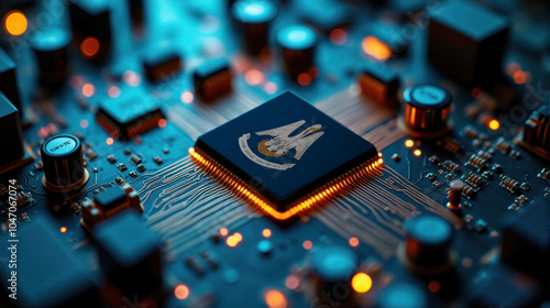 A Louisiana branded chip rests on a circuit board, surrounded by glowing components, representing significant contribution to advanced computing technology and hardware.