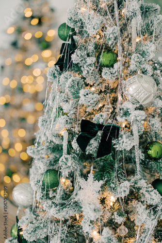 Frosted Christmas Trees with Green and Silver Ornaments
