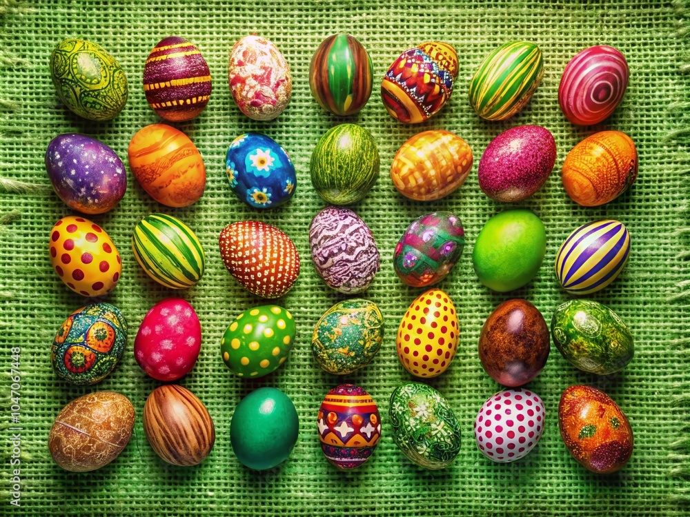 Bright and Colorful Easter Eggs in a Row on Green Burlap Background for Festive Spring Decor Bright and Colorful Easter Eggs in a Row on Green Burlap Background for Festive Spring Decor