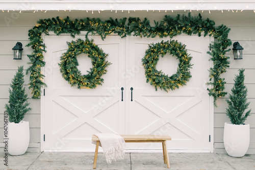 Christmas Wreath on Barn Door with Rustic Bench Outdoor Decor