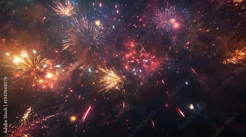 Fototapeta premium A night sky filled with colorful fireworks, with plenty of room for text below.