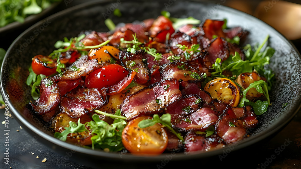 Crispy Bacon Salad with Cherry Tomatoes - Food Photography Crispy Bacon Salad with Cherry Tomatoes - Food Photography