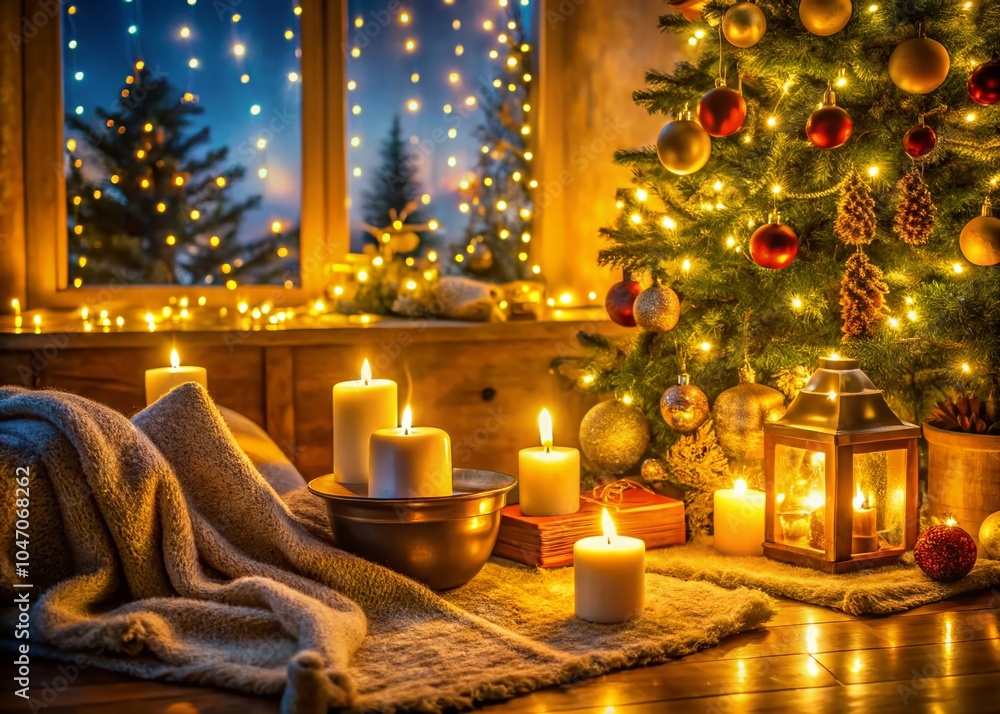 Candlelight Glow: A Cozy Christmas Scene with Twinkling Lights and Warm Ambiance Candlelight Glow: A Cozy Christmas Scene with Twinkling Lights and Warm Ambiance