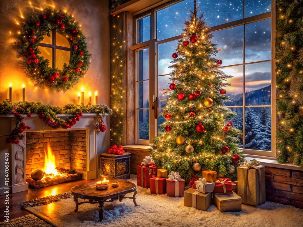 Obraz premium Captivating Christmas 2023 Background: Festive Decor, Snow, and Warm Lights for a Joyful Holiday Atmosphere