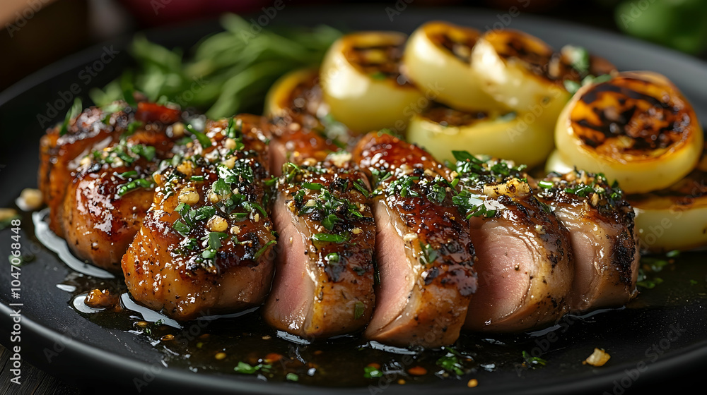 Grilled Duck Breast with Herb Sauce and Roasted Onions - Realistic Food Image Grilled Duck Breast with Herb Sauce and Roasted Onions - Realistic Food Image