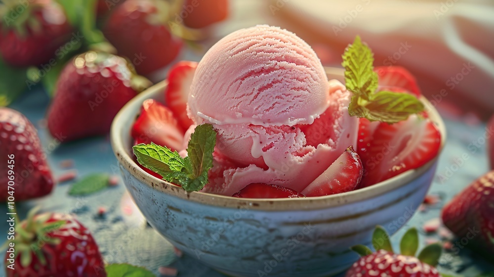 A bowl of strawberry ice cream with fresh strawberries and mint leaves. (2) A bowl of strawberry ice cream with fresh strawberries and mint leaves. (2)