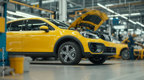 A yellow car in a modern factory setting with its hood open, suggesting assembly or inspection in progress under bright industrial lighting.