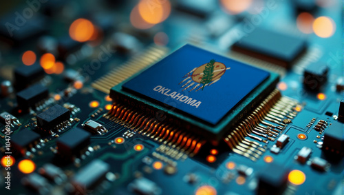 A Oklahoma themed chip is embedded on a circuit board with illuminated pathways, highlighting innovation in electronics and cutting-edge hardware.