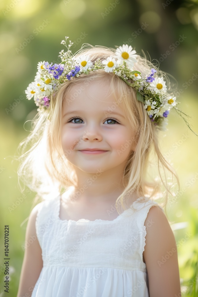 A young girl wearing a flowery headband is smiling for the camera A young girl wearing a flowery headband is smiling for the camera