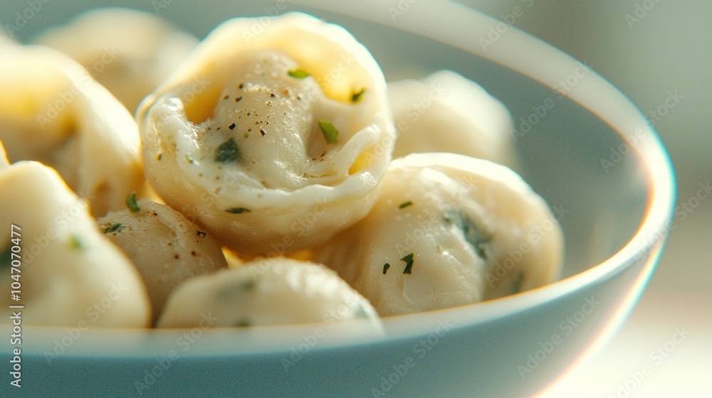 A close-up of a bowl of cooked dumplings with parsley and black pepper. A close-up of a bowl of cooked dumplings with parsley and black pepper.