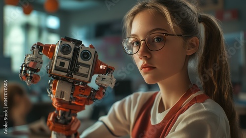 College student holding her robotic toy at robotics classroom at school.