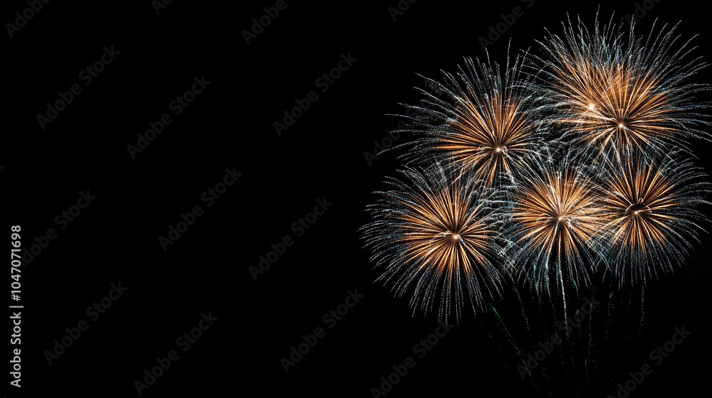 Fototapeta premium Bright fireworks exploding across the night sky, leaving space below for copy or design elements.