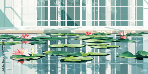 Water lilies with flat leaves floating in a formal reflecting pool, illustration art