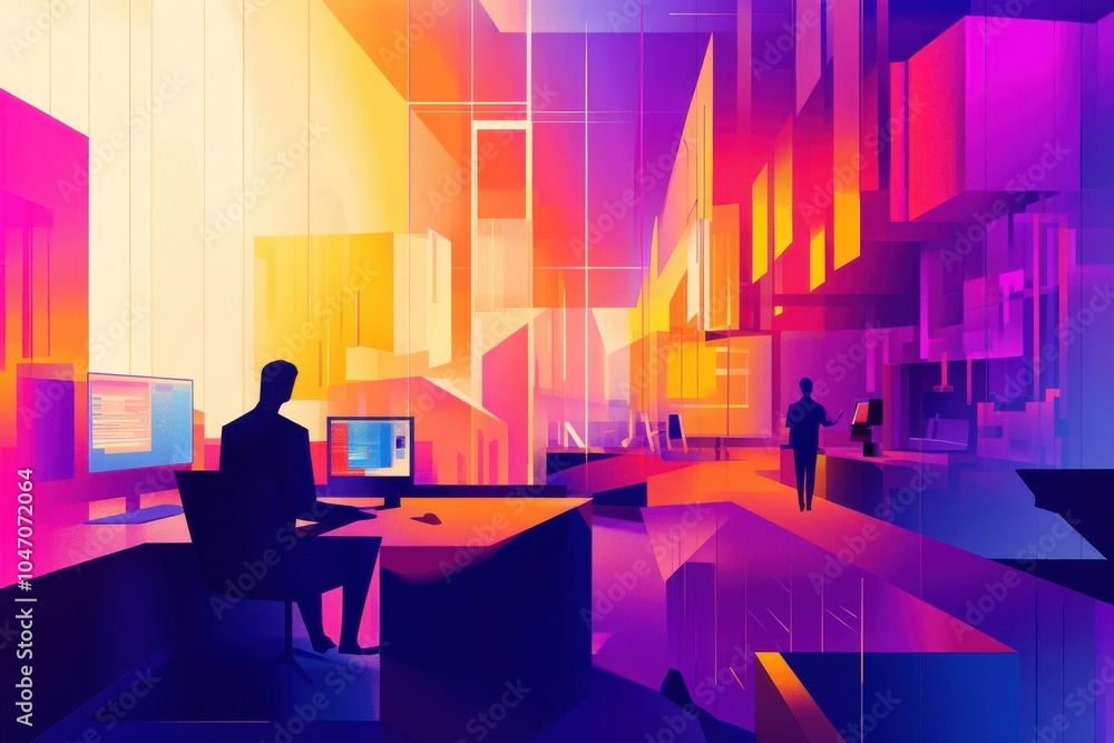 Futuristic office with vibrant colors and abstract design elements