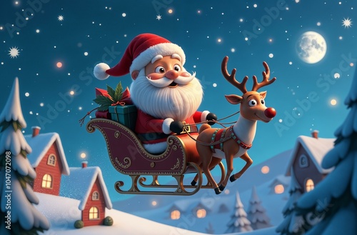 Santa claus with christmas gifts flying in reindeer on a sled in the night sky	