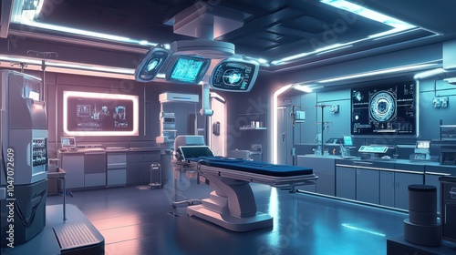 Futuristic operating room, advanced robotic surgery equipment, high-tech medical facility, sterile environment, cutting-edge healthcare technology, modern surgical suite