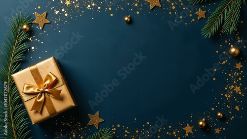 Christmas greeting card with golden gift boxes and Cristmas decorations on dark blue background. Christmas card