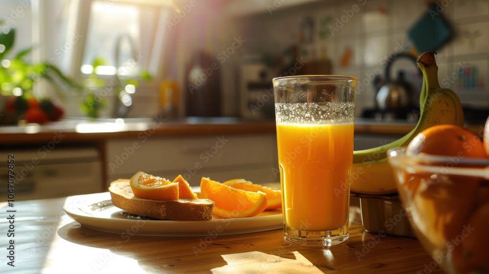 Orange Juice and Sliced Oranges on a Kitchen Table Orange Juice and Sliced Oranges on a Kitchen Table