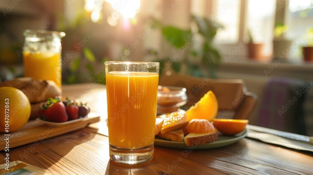 Glass of Orange Juice on a Breakfast Table Glass of Orange Juice on a Breakfast Table