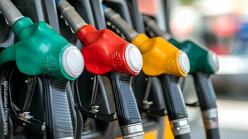 A close-up of fuel nozzles in various colors at a gas station, designed for dispensing different types of fuel. photo