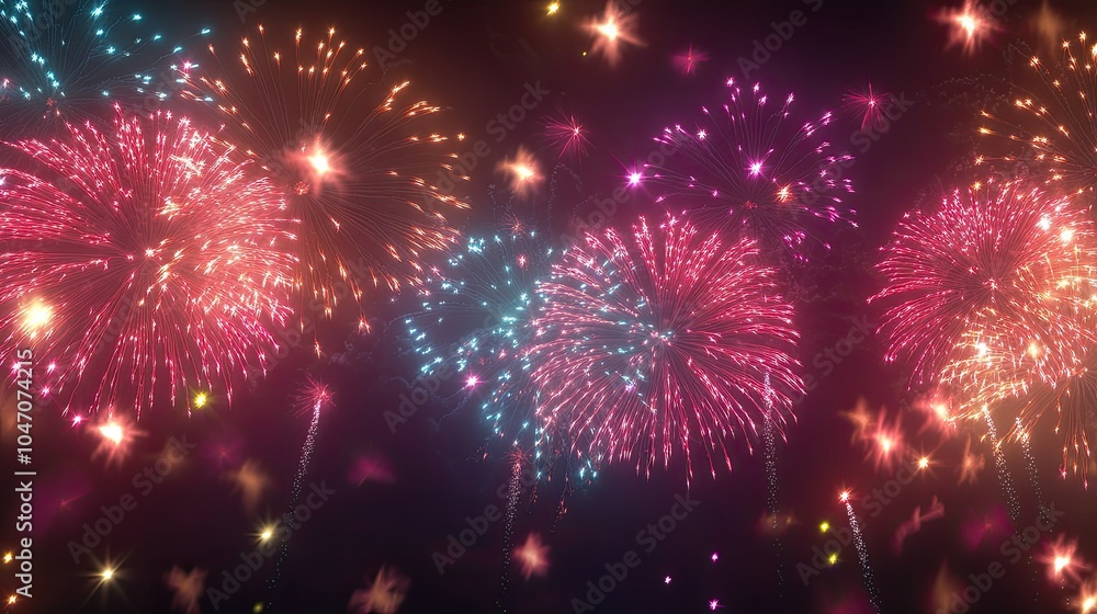 Fototapeta premium Colorful fireworks filling the sky with excitement, with room for copy at the bottom.