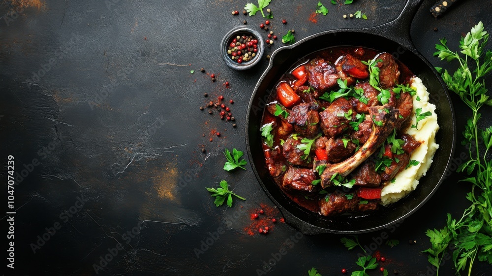 Top view of a braised lamb shank in red wine sauce, served in a cast iron plate with mashed potatoes, perfect for adding text or design elements Top view of a braised lamb shank in red wine sauce, served in a cast iron plate with mashed potatoes, perfect for adding text or design elements