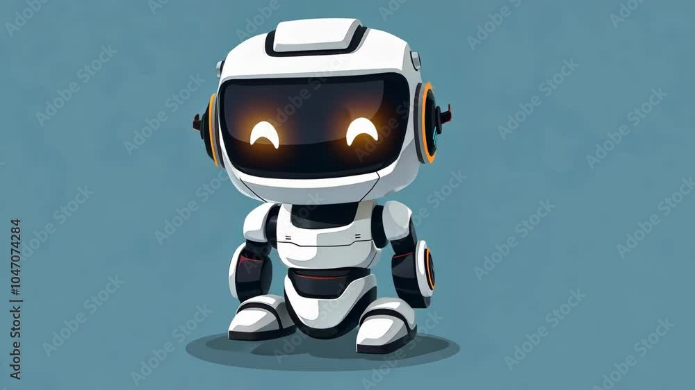 A small, white robot with black eyes and orange accents is standing in front of a blue background A small, white robot with black eyes and orange accents is standing in front of a blue background