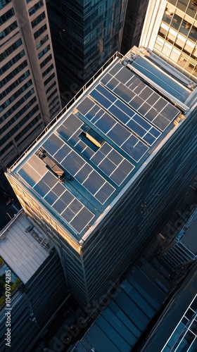 Solar panels covering rooftop of modern office building generating renewable energy photo