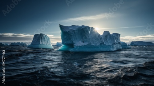 Large icebergs floating in rough Arctic waters