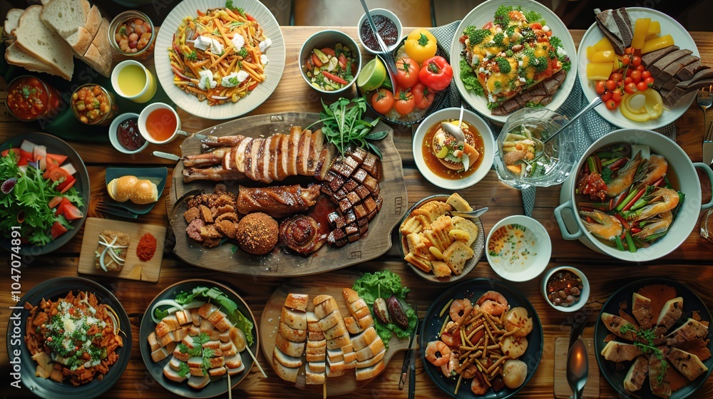 A large wooden table laden with a variety of delicious food, perfect for a family feast or a gathering of friends. A large wooden table laden with a variety of delicious food, perfect for a family feast or a gathering of friends.