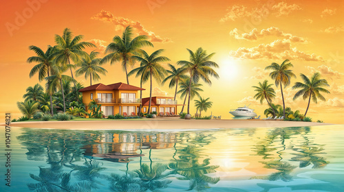 Vibrant tropical scene with a beautiful sunset, palm trees, houses on the beach, and a boat.