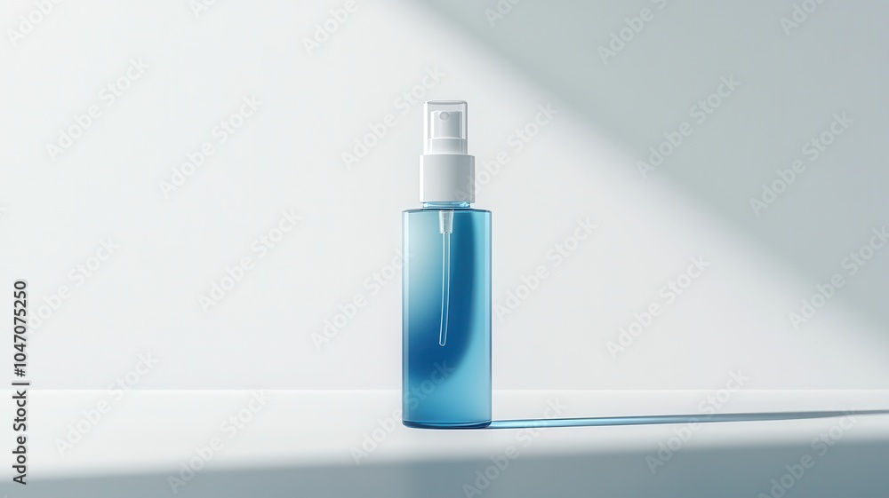 A sleek blue spray bottle is poised elegantly on a surface, with a gentle shadow highlighting its modern design and soothing hue. A sleek blue spray bottle is poised elegantly on a surface, with a gentle shadow highlighting its modern design and soothing hue.