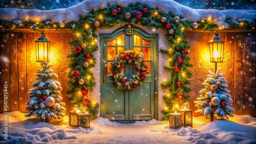 Christmas Decor for Double Doors: Festive Tilt-Shift Photography of a Beautiful Holiday Entrance