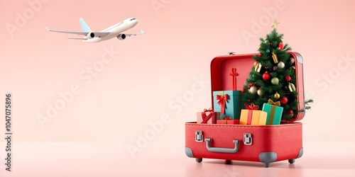 Christmas Tree and Gifts in Red Suitcase with Airplane